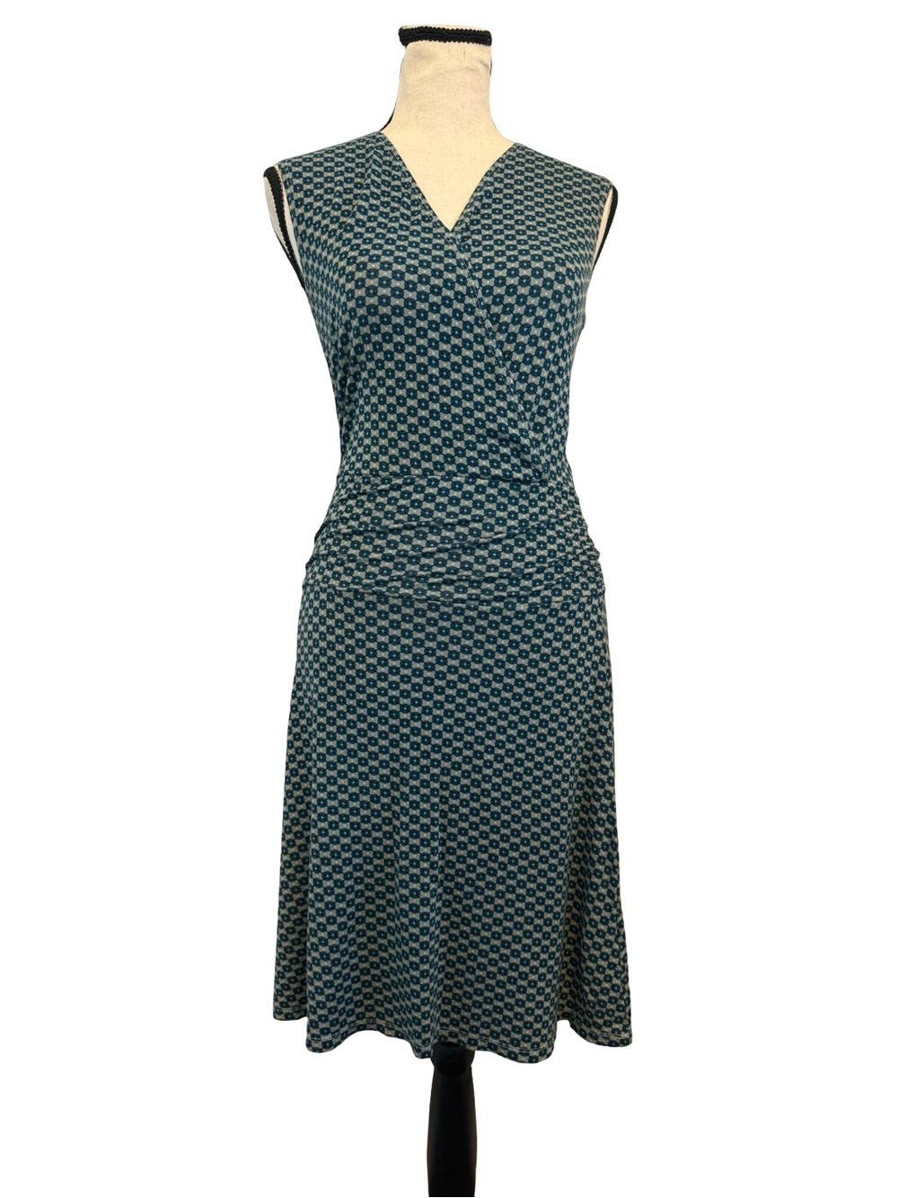 Geometric Print Faux Wrap Dress Medium Blue Sleeveless Ruched Waist Stretch Knit